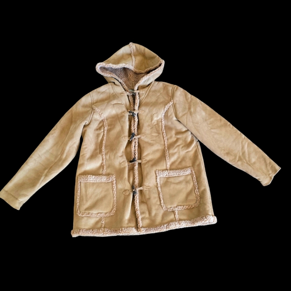 L.L Bean women Brown Suede Sherpa Lined HoodedToggle Coat Women  Reg XL